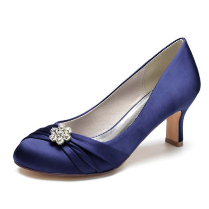 Comfortable Round Toe Mid Heel Bridal Shoes for Women with Rhinestone & Ruffles