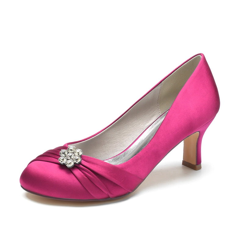 Comfortable Round Toe Mid Heel Bridal Shoes for Women with Rhinestone & Ruffles