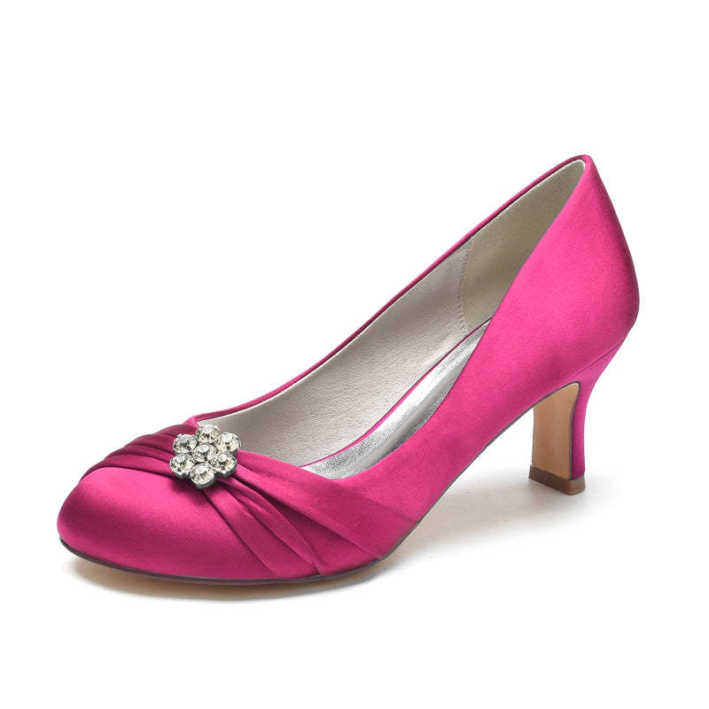Comfortable Round Toe Mid Heel Bridal Shoes for Women with Rhinestone & Ruffles