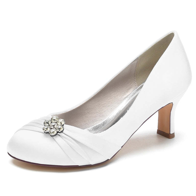Comfortable Round Toe Mid Heel Bridal Shoes for Women with Rhinestone & Ruffles