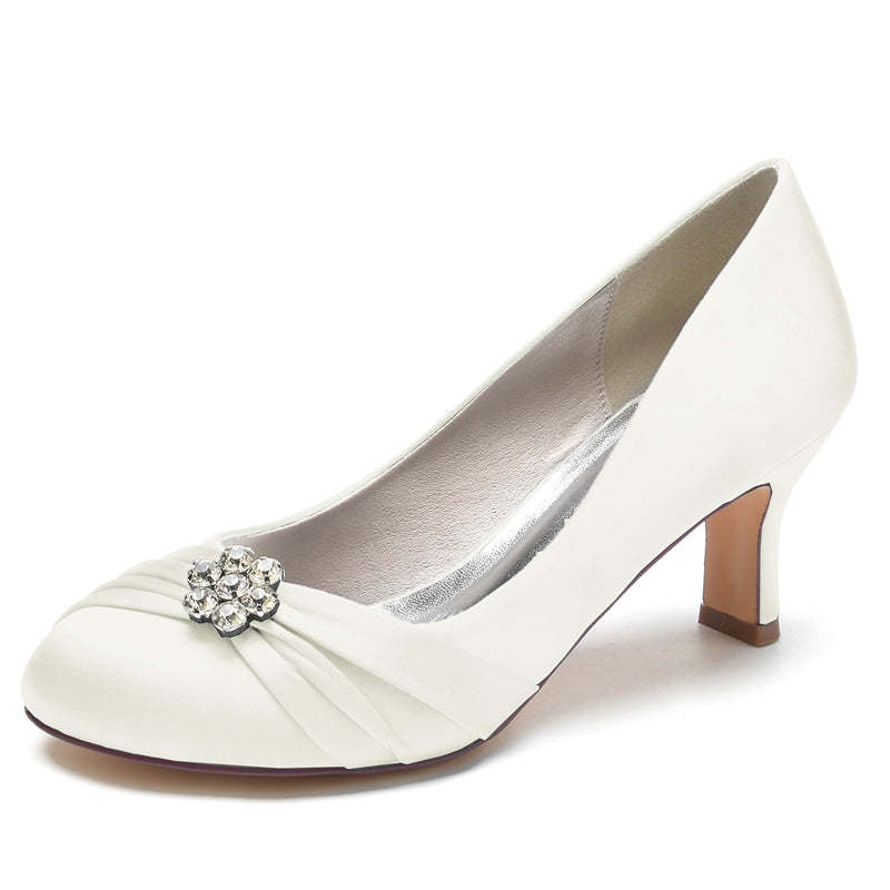 Comfortable Round Toe Mid Heel Bridal Shoes for Women with Rhinestone & Ruffles