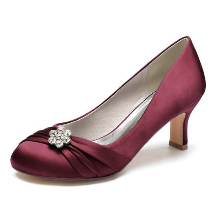 Comfortable Round Toe Mid Heel Bridal Shoes for Women with Rhinestone & Ruffles