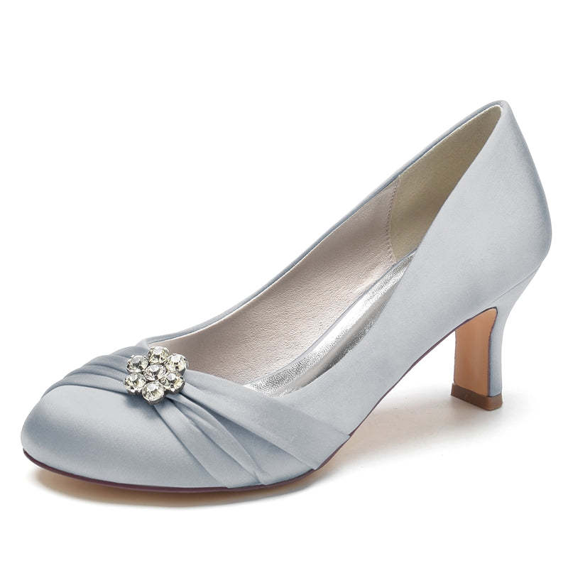 Comfortable Round Toe Mid Heel Bridal Shoes for Women with Rhinestone & Ruffles