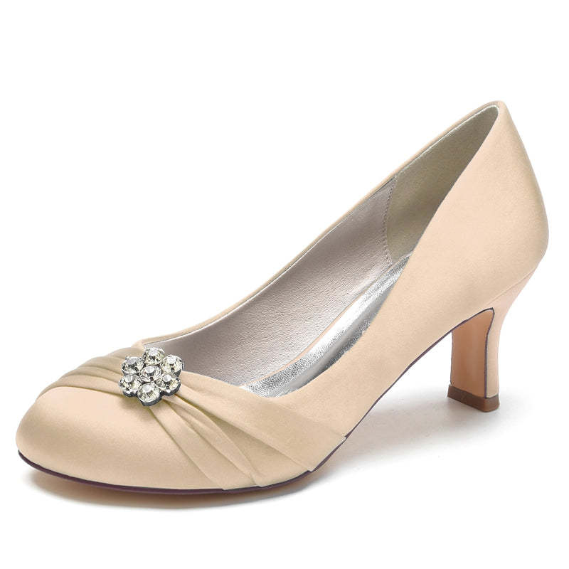 Comfortable Round Toe Mid Heel Bridal Shoes for Women with Rhinestone & Ruffles