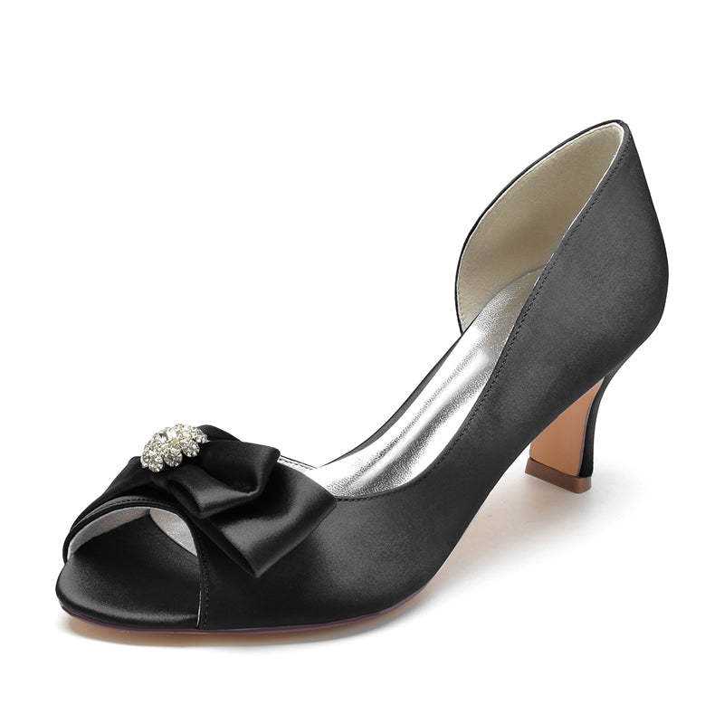 Elegant Open-Toe Mid-Heel Bridal Shoes for Women with Rhinestone and Bow