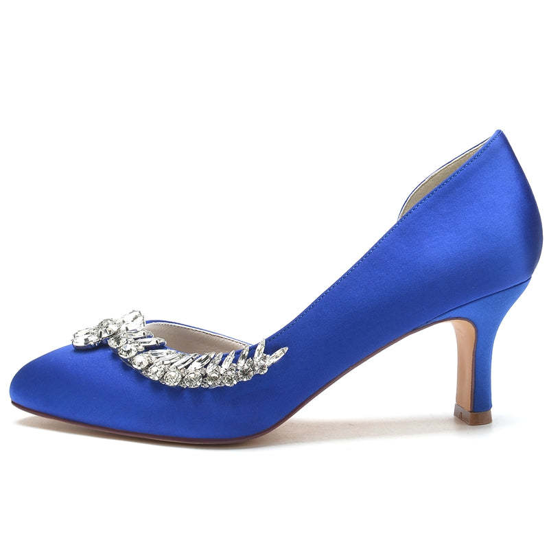 Elegant Dark Blue Bridal Shoes for Women with Crystal Details and Mid Heel