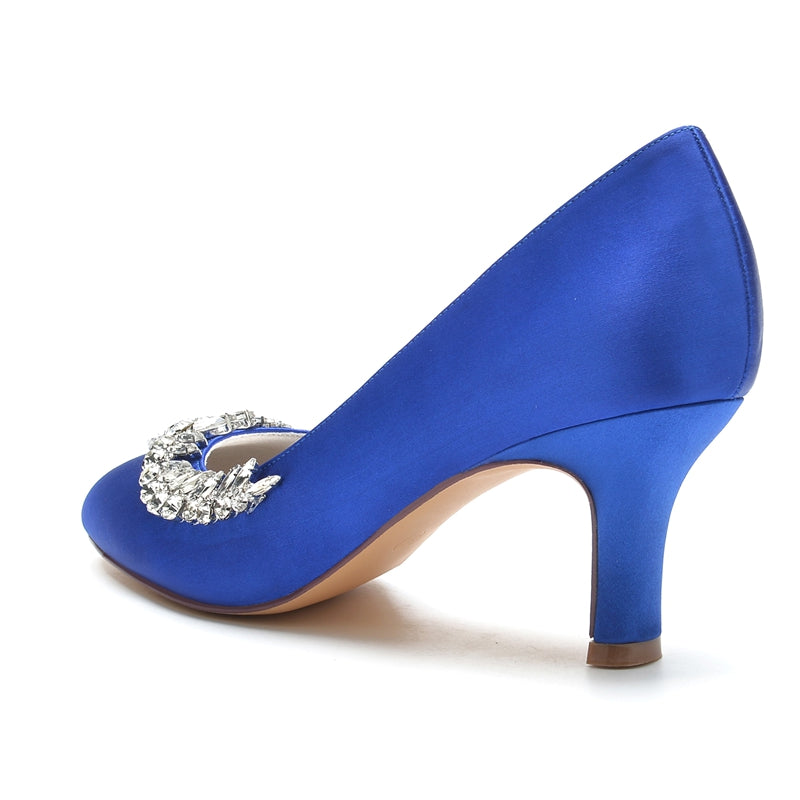 Elegant Dark Blue Bridal Shoes for Women with Crystal Details and Mid Heel