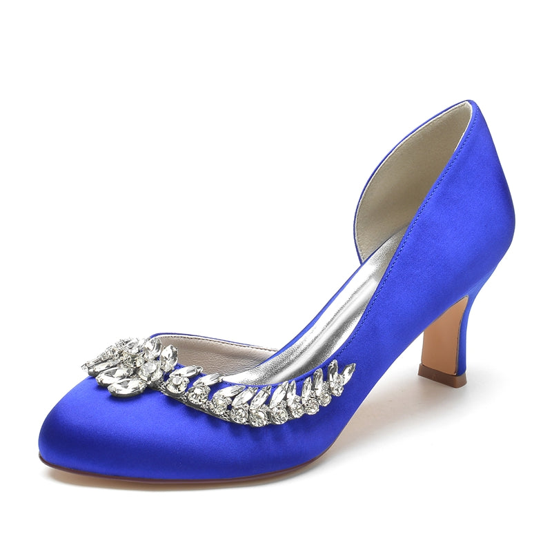 Elegant Dark Blue Bridal Shoes for Women with Crystal Details and Mid Heel
