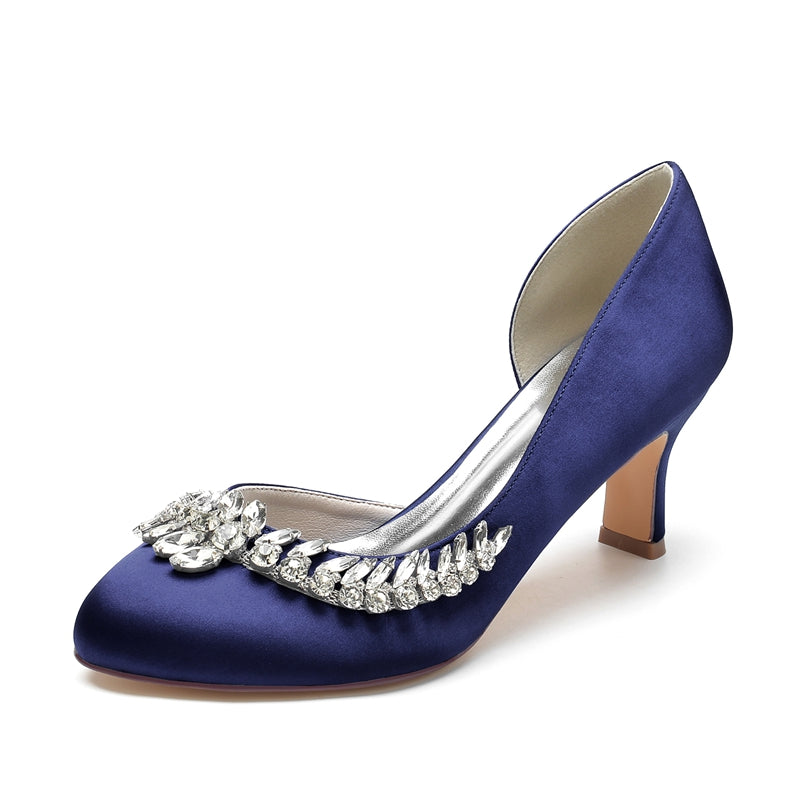 Elegant Dark Blue Bridal Shoes for Women with Crystal Details and Mid Heel