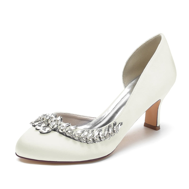 Elegant Dark Blue Bridal Shoes for Women with Crystal Details and Mid Heel