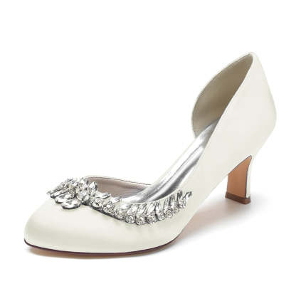 Elegant Dark Blue Bridal Shoes for Women with Crystal Details and Mid Heel