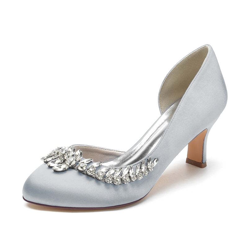 Elegant Dark Blue Bridal Shoes for Women with Crystal Details and Mid Heel