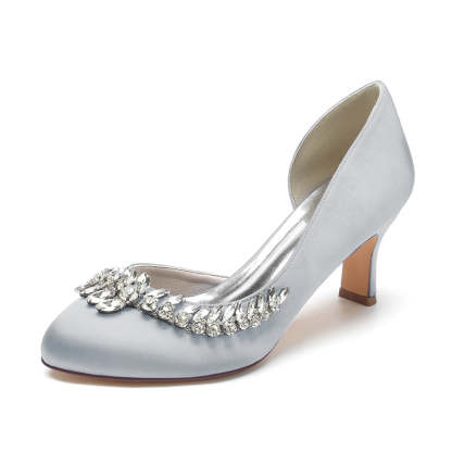Elegant Dark Blue Bridal Shoes for Women with Crystal Details and Mid Heel