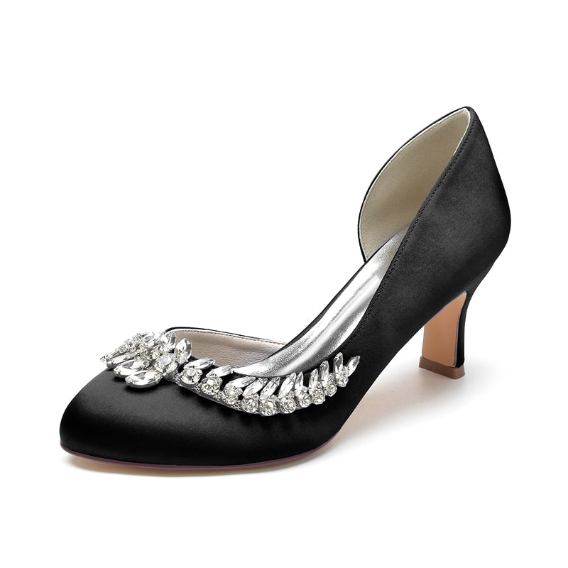 Elegant Dark Blue Bridal Shoes for Women with Crystal Details and Mid Heel