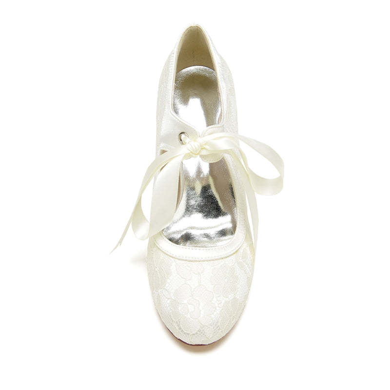 Elegant Round-Toe Mid-Heel Bridal Shoes with Lace and Bow Straps