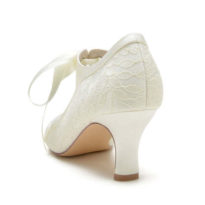Elegant Round-Toe Mid-Heel Bridal Shoes with Lace and Bow Straps