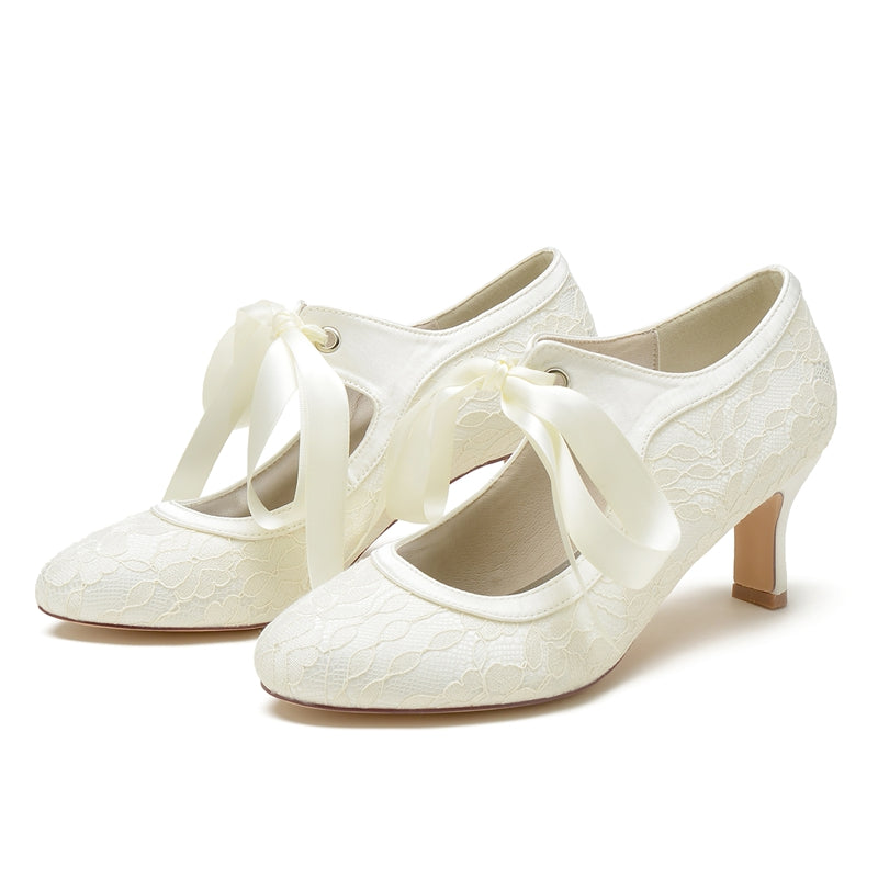 Elegant Round-Toe Mid-Heel Bridal Shoes with Lace and Bow Straps