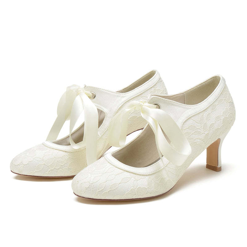Elegant Round-Toe Mid-Heel Bridal Shoes with Lace and Bow Straps
