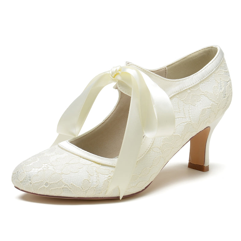Elegant Round-Toe Mid-Heel Bridal Shoes with Lace and Bow Straps