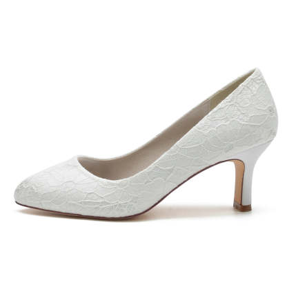 Bridal Shoes for Women with Round Toe and Mid Heel in Minimalist Lace Design