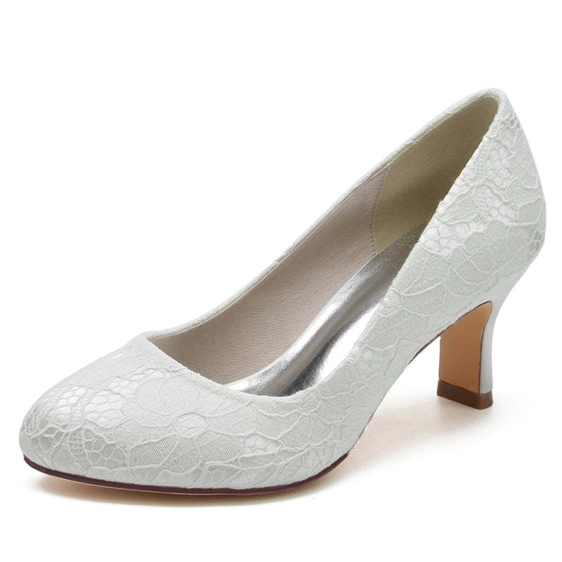 Bridal Shoes for Women with Round Toe and Mid Heel in Minimalist Lace Design