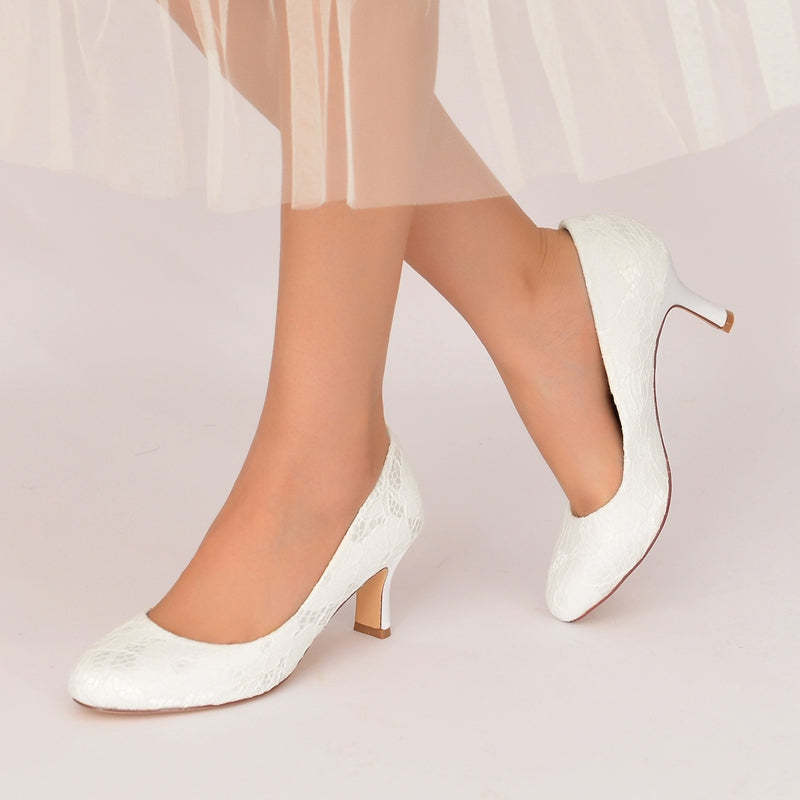 Bridal Shoes for Women with Round Toe and Mid Heel in Minimalist Lace Design