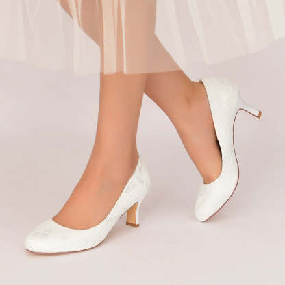 Bridal Shoes for Women with Round Toe and Mid Heel in Minimalist Lace Design