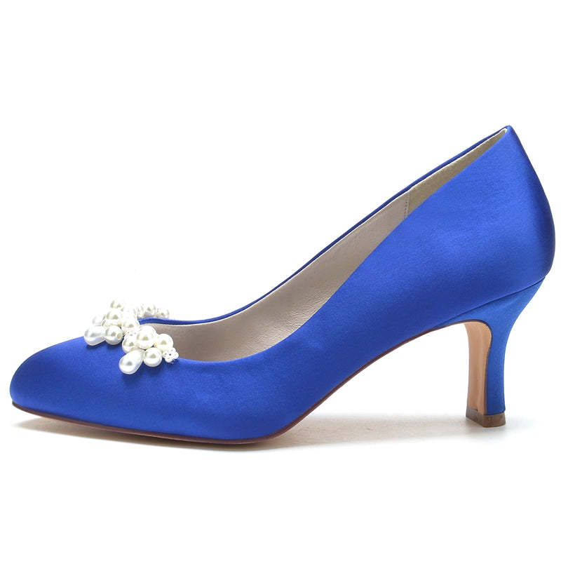 Elegant Dark Blue Bridal Shoes for Women with Delicate Pearl and Round Toe