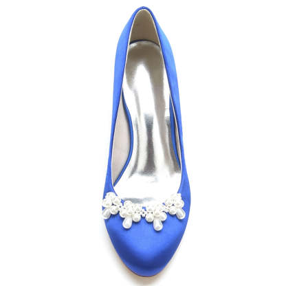 Elegant Dark Blue Bridal Shoes for Women with Delicate Pearl and Round Toe