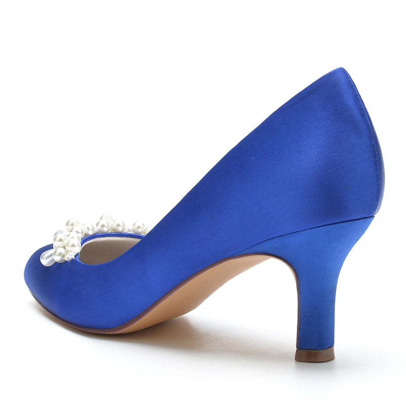 Elegant Dark Blue Bridal Shoes for Women with Delicate Pearl and Round Toe