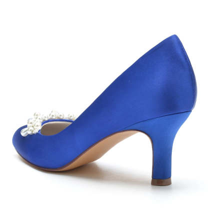 Elegant Dark Blue Bridal Shoes for Women with Delicate Pearl and Round Toe