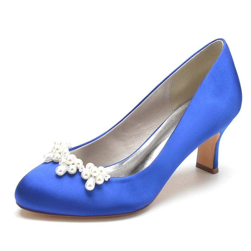 Elegant Dark Blue Bridal Shoes for Women with Delicate Pearl and Round Toe