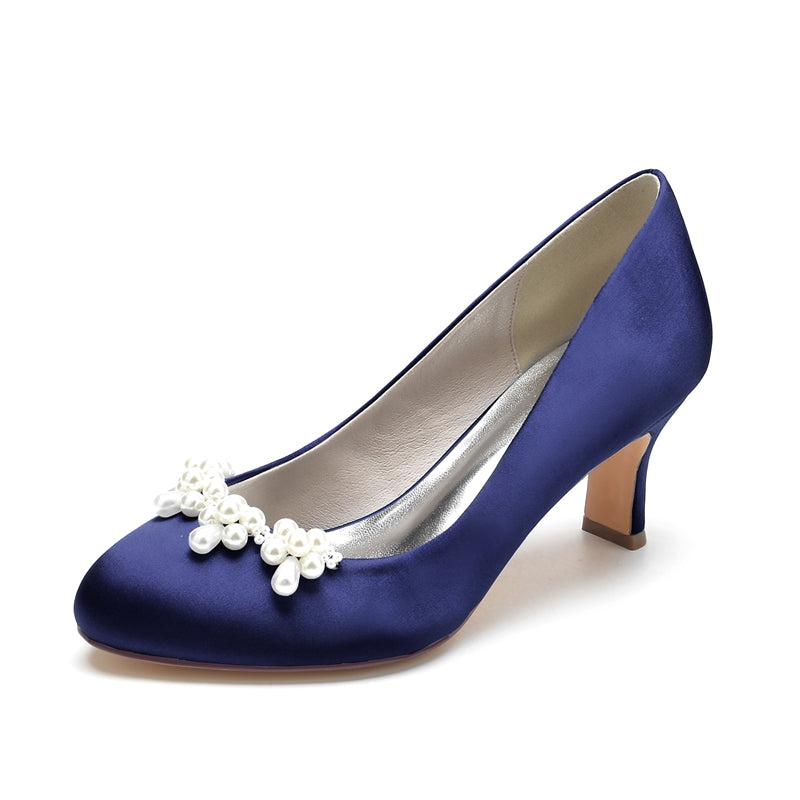 Elegant Dark Blue Bridal Shoes for Women with Delicate Pearl and Round Toe