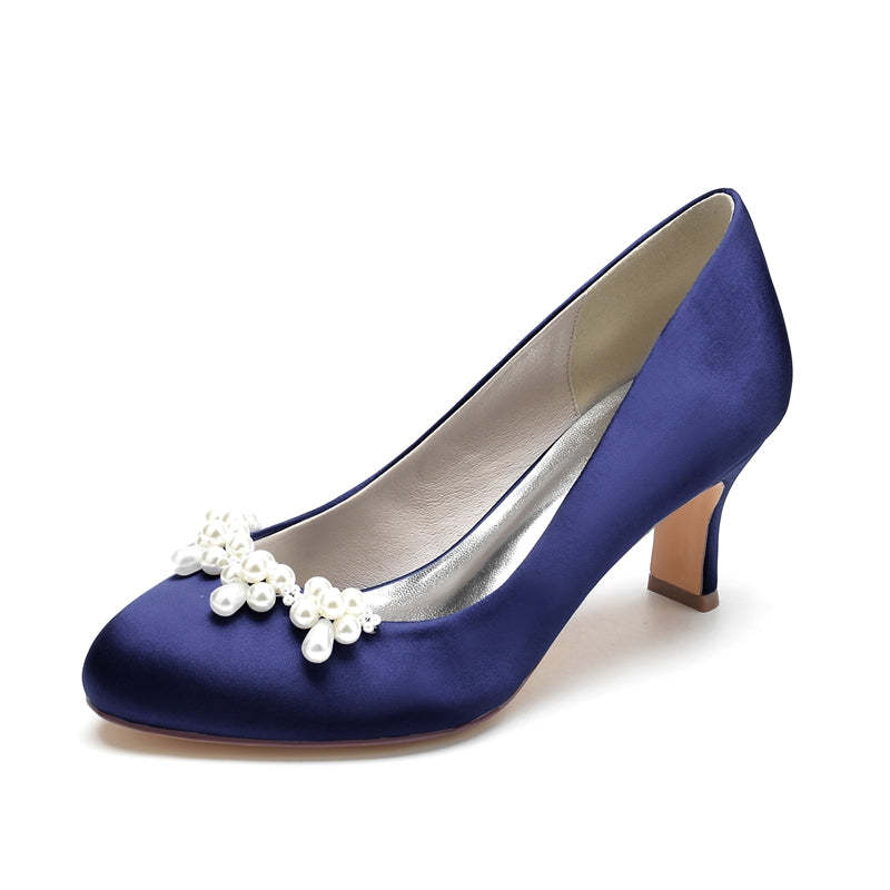 Elegant Dark Blue Bridal Shoes for Women with Delicate Pearl and Round Toe