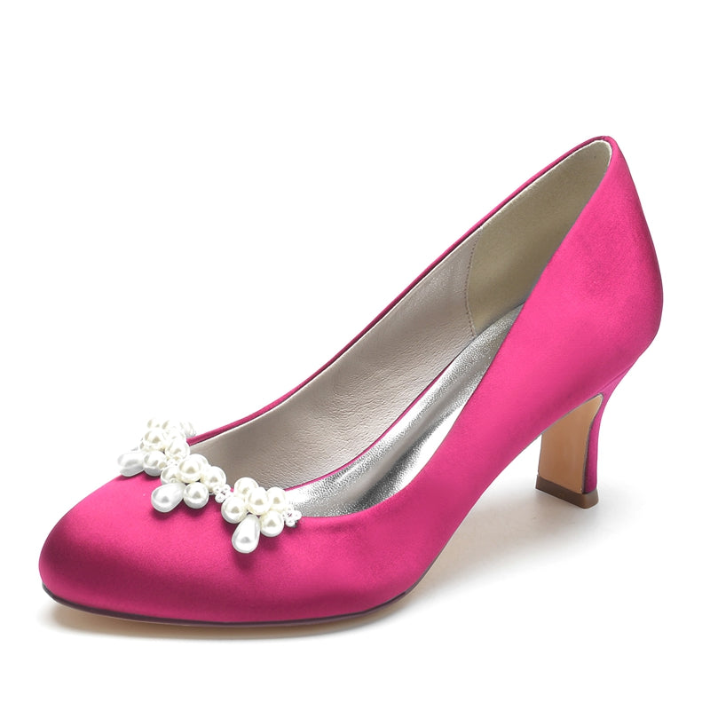 Elegant Dark Blue Bridal Shoes for Women with Delicate Pearl and Round Toe