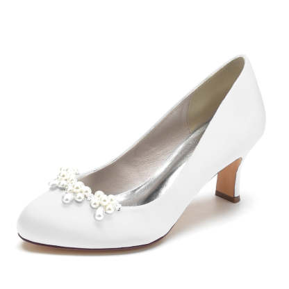 Elegant Dark Blue Bridal Shoes for Women with Delicate Pearl and Round Toe