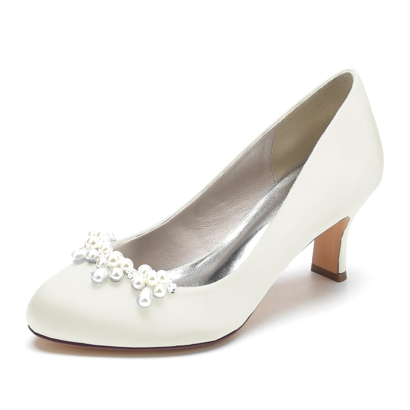 Elegant Dark Blue Bridal Shoes for Women with Delicate Pearl and Round Toe