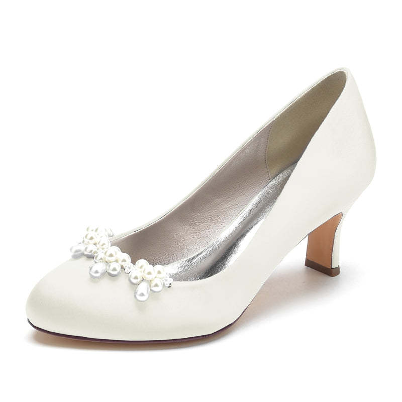 Elegant Dark Blue Bridal Shoes for Women with Delicate Pearl and Round Toe