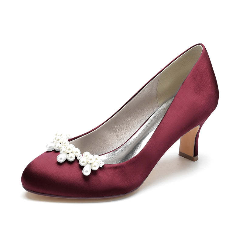 Elegant Dark Blue Bridal Shoes for Women with Delicate Pearl and Round Toe