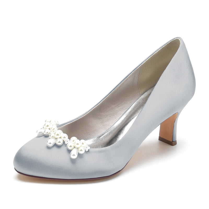 Elegant Dark Blue Bridal Shoes for Women with Delicate Pearl and Round Toe