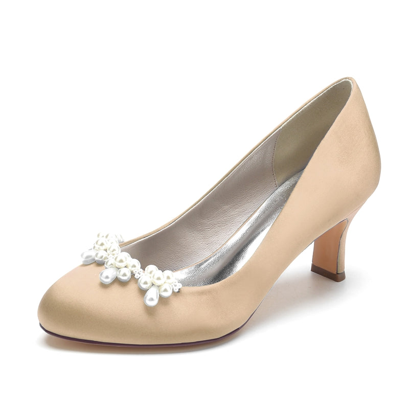 Elegant Dark Blue Bridal Shoes for Women with Delicate Pearl and Round Toe