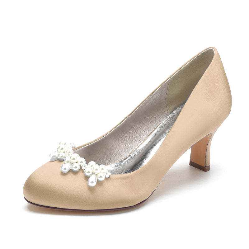 Elegant Dark Blue Bridal Shoes for Women with Delicate Pearl and Round Toe