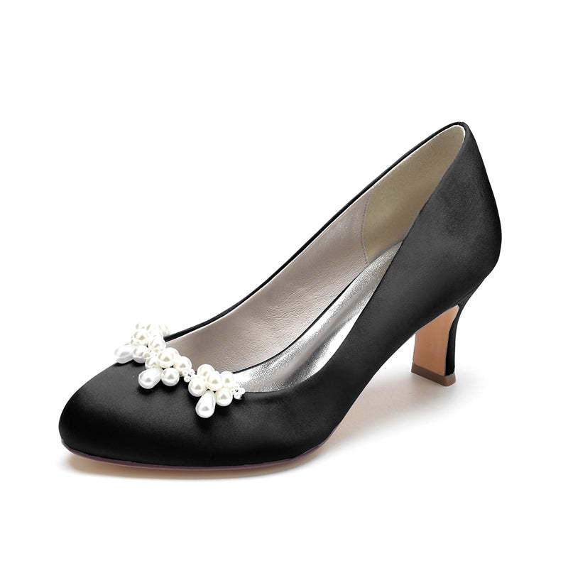 Elegant Dark Blue Bridal Shoes for Women with Delicate Pearl and Round Toe