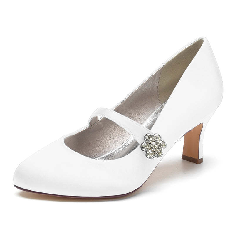 White Round-Toe Mid-Heel Bridal Shoes for Women