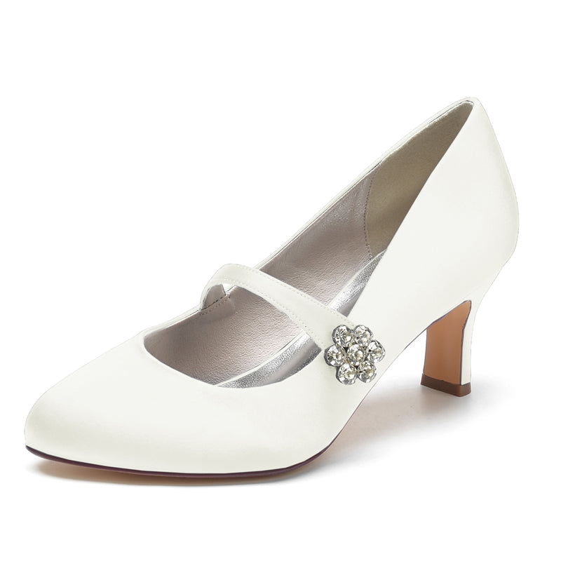 White Round-Toe Mid-Heel Bridal Shoes for Women