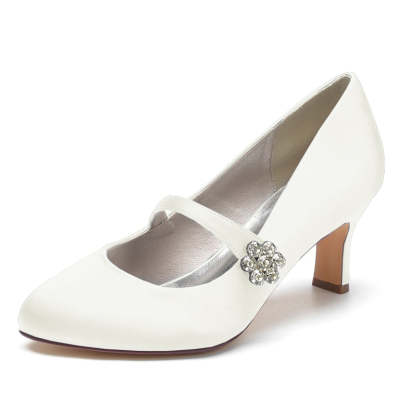 White Round-Toe Mid-Heel Bridal Shoes for Women