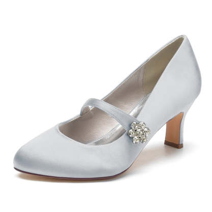 White Round-Toe Mid-Heel Bridal Shoes for Women