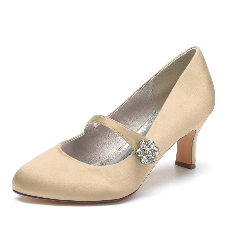 White Round-Toe Mid-Heel Bridal Shoes for Women