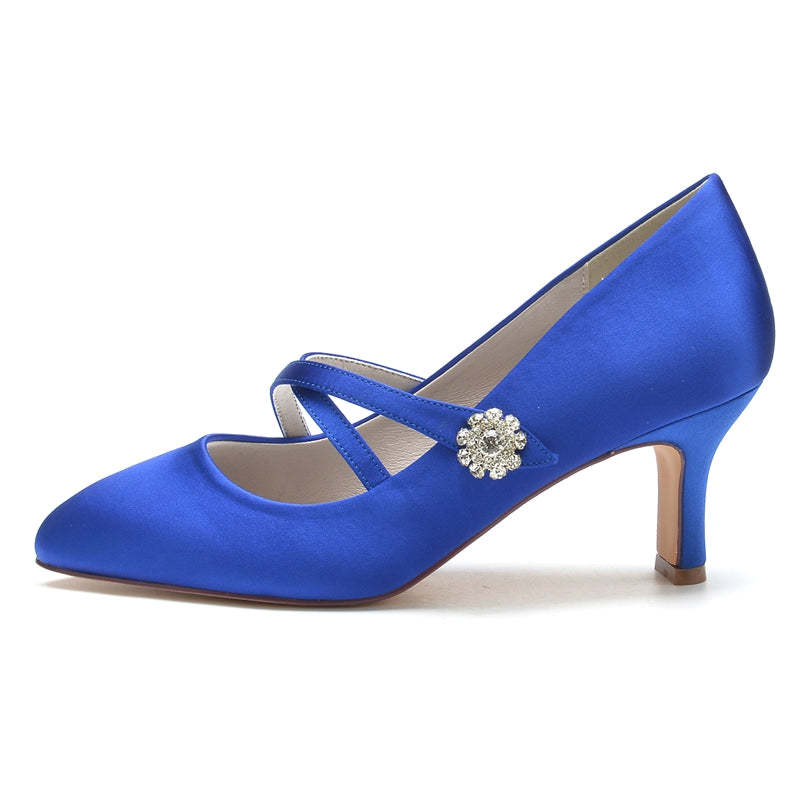 Bridal Shoes for Women with Round Toe Mid Heel and Rhinestone-Adorned Crossed Straps