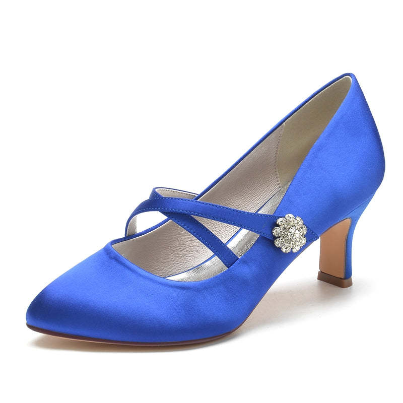 Bridal Shoes for Women with Round Toe Mid Heel and Rhinestone-Adorned Crossed Straps